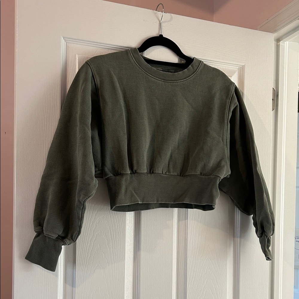 Aritzia TNA Olive Green Cropped Crewneck Sweater